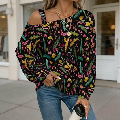 Women’s Off-Shoulder Knit Sweater Black Flower Pattern