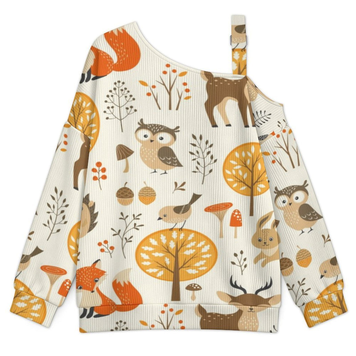 Off-the-shoulder Sweater Cartoon Animals  Asymmetric Cold Shoulder Knit Sweater for Women, Adjustable Buckle Strap Long Sleeve Casual Slouchy Pullover
