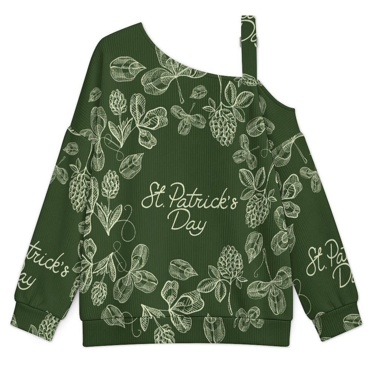St. Patrick's Day, Wreath Fall Casual Asymmetric Shoulder Knit Top with Buckle Detail