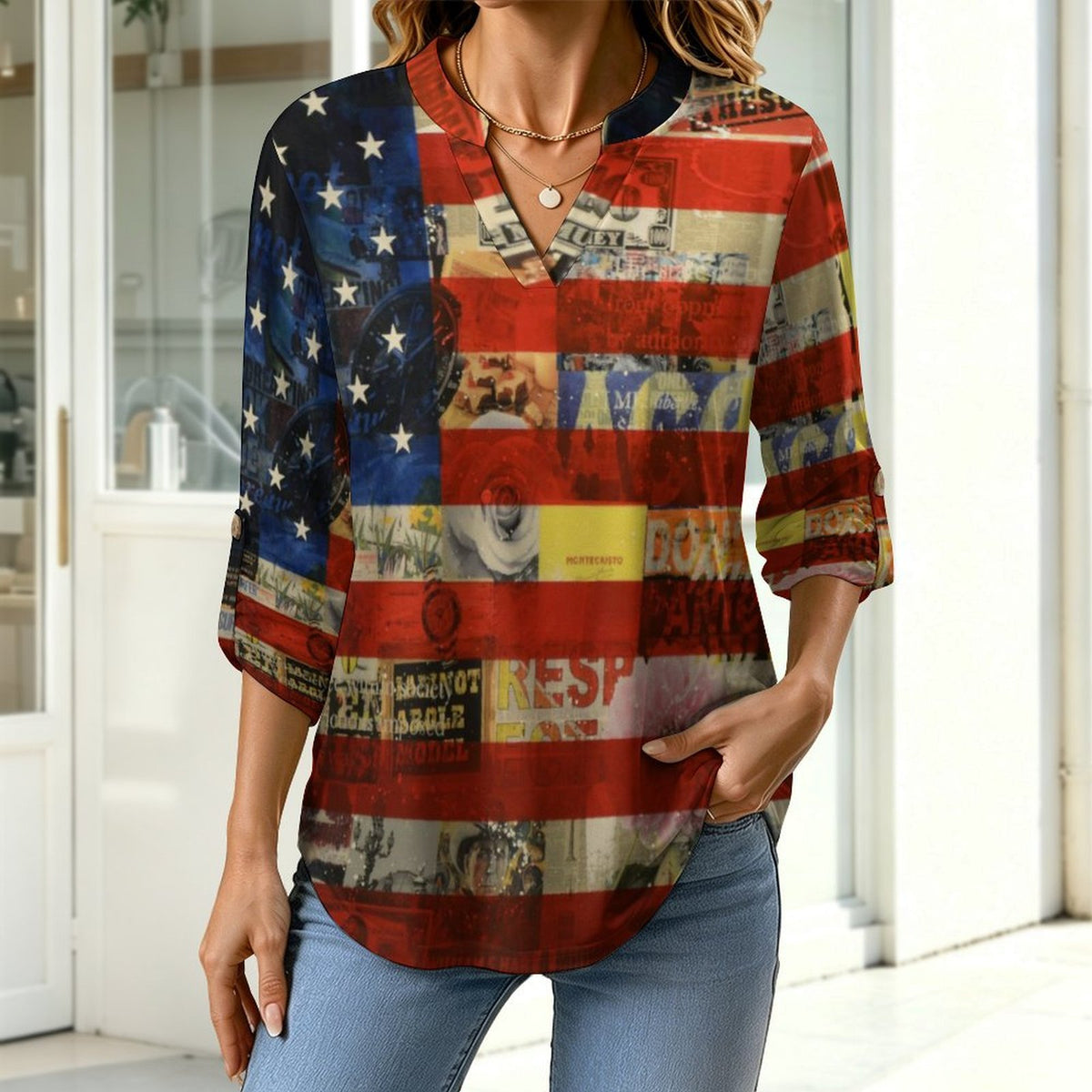 Stand-up Collar Long-sleeved Shirt National Flag, History, War  Customization Women’s V-Neck Blouses,long Sleeve,Roll-Up Sleeve Shirt