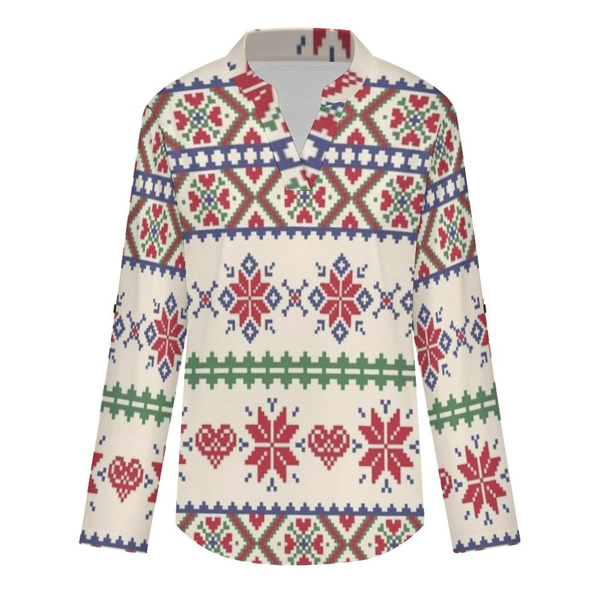 Stand-up Collar Long-sleeved Shirt Christmas Pattern  Customization Women’s V-Neck Blouses,long Sleeve,Roll-Up Sleeve Shirt