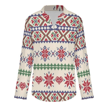 Stand-up Collar Long-sleeved Shirt Christmas Pattern  Customization Women’s V-Neck Blouses,long Sleeve,Roll-Up Sleeve Shirt