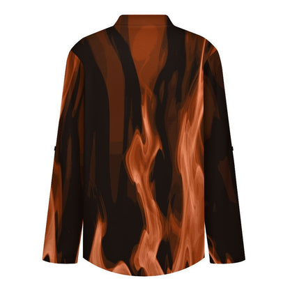 Stand-up Collar Long-sleeved Shirt Red Flame, Burning  Customization Women’s V-Neck Blouses,long Sleeve,Roll-Up Sleeve Shirt