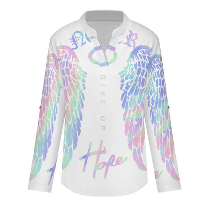 Stand-up Collar Long-sleeved Shirt Colorful Wings, Hope  Customization Women’s V-Neck Blouses,long Sleeve,Roll-Up Sleeve Shirt