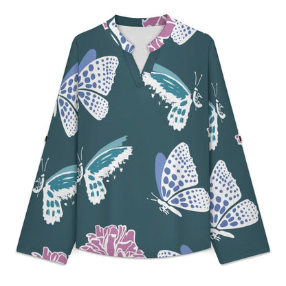 Stand-up Collar Long-sleeved Shirt Butterfly, Print  Women’s V-Neck Blouses