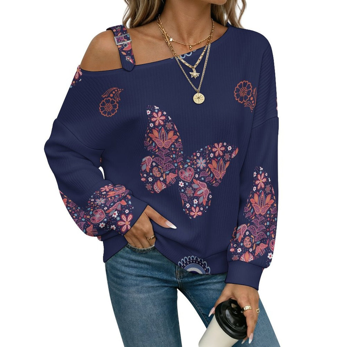 Off-the-shoulder Sweater Paisley Texture Butterfly Repeat Tile Texture  Asymmetric Cold Shoulder Knit Sweater for Women, Adjustable Buckle Strap Long Sleeve Casual Slouchy Pullover