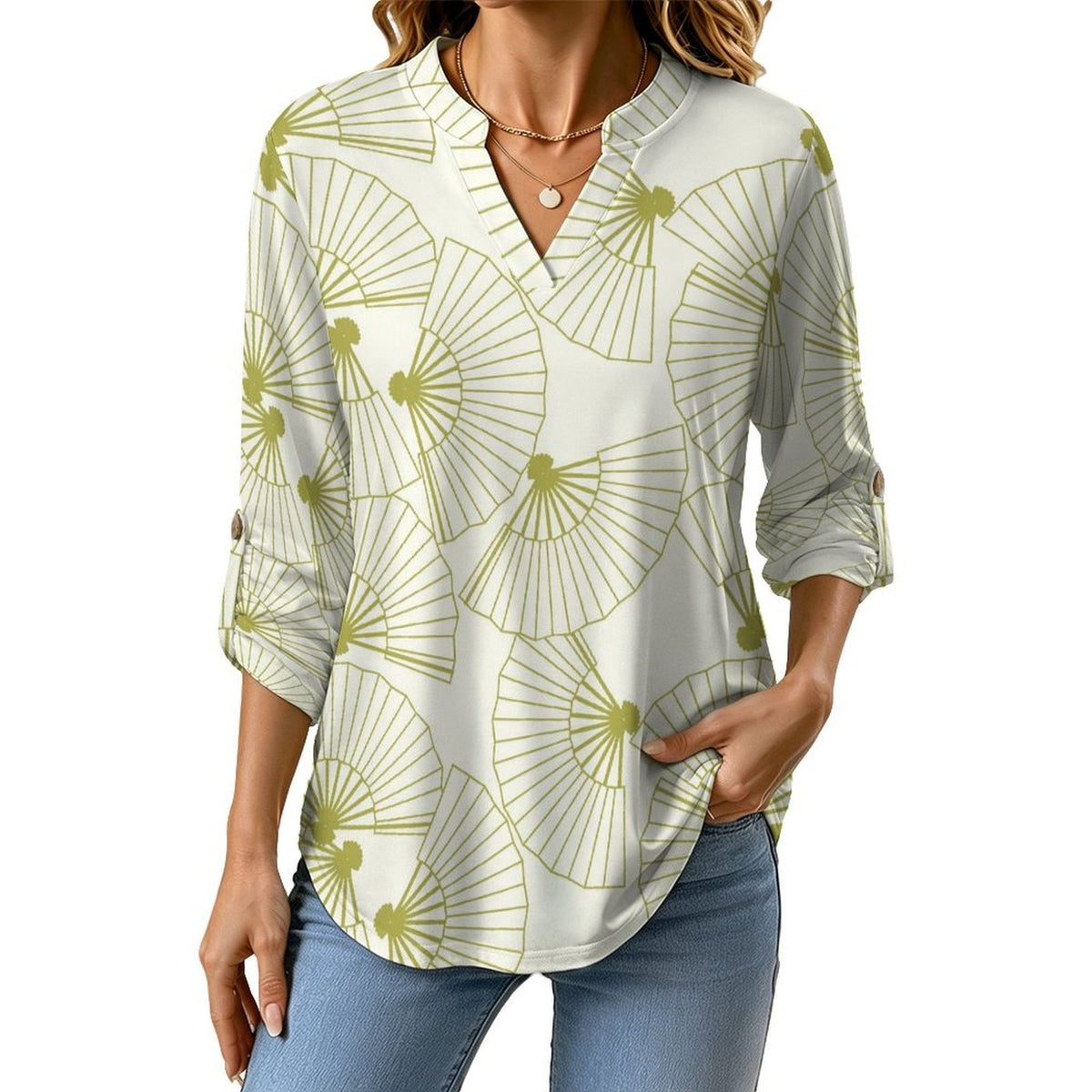 Green Fan Pattern Roll Tab 3/4 Sleeve Notched V Neck Tunic Blouse