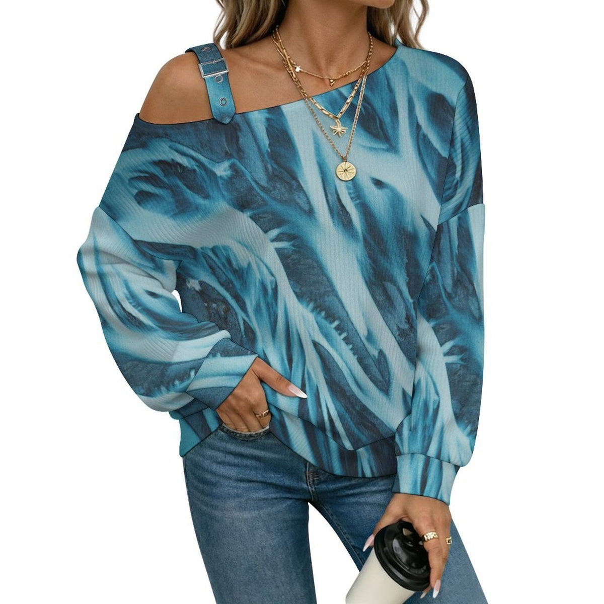 Off-the-shoulder Sweater Pattern  Asymmetric Cold Shoulder Knit Sweater for Women, Adjustable Buckle Strap Long Sleeve Casual Slouchy Pullover