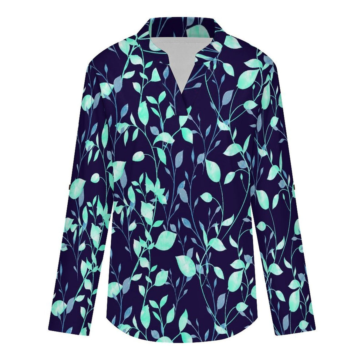 Stand-up Collar Long-sleeved Shirt Flower  Customization Women’s V-Neck Blouses,long Sleeve,Roll-Up Sleeve Shirt