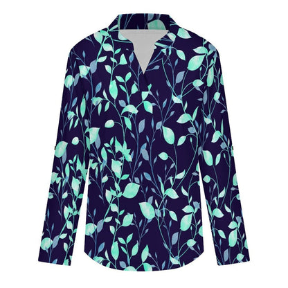 Stand-up Collar Long-sleeved Shirt Flower  Customization Women’s V-Neck Blouses,long Sleeve,Roll-Up Sleeve Shirt