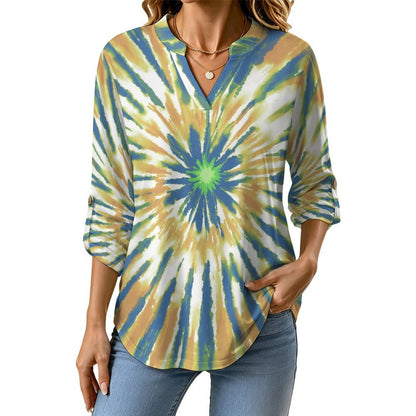 Women's Notched V Neck Tunic Tops, Roll Up 3/4 Sleeve Button Cuff Casual Blouse, Hem Loose Work Shirts  Tie-dye Radiation  Blue Yellow