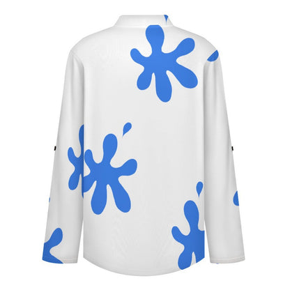 Women's Notched V Neck Tunic Tops, Roll Up 3/4 Sleeve Button Cuff Casual Blouse, Hem Loose Work Shirts  Blue Stains, Repeating Pattern