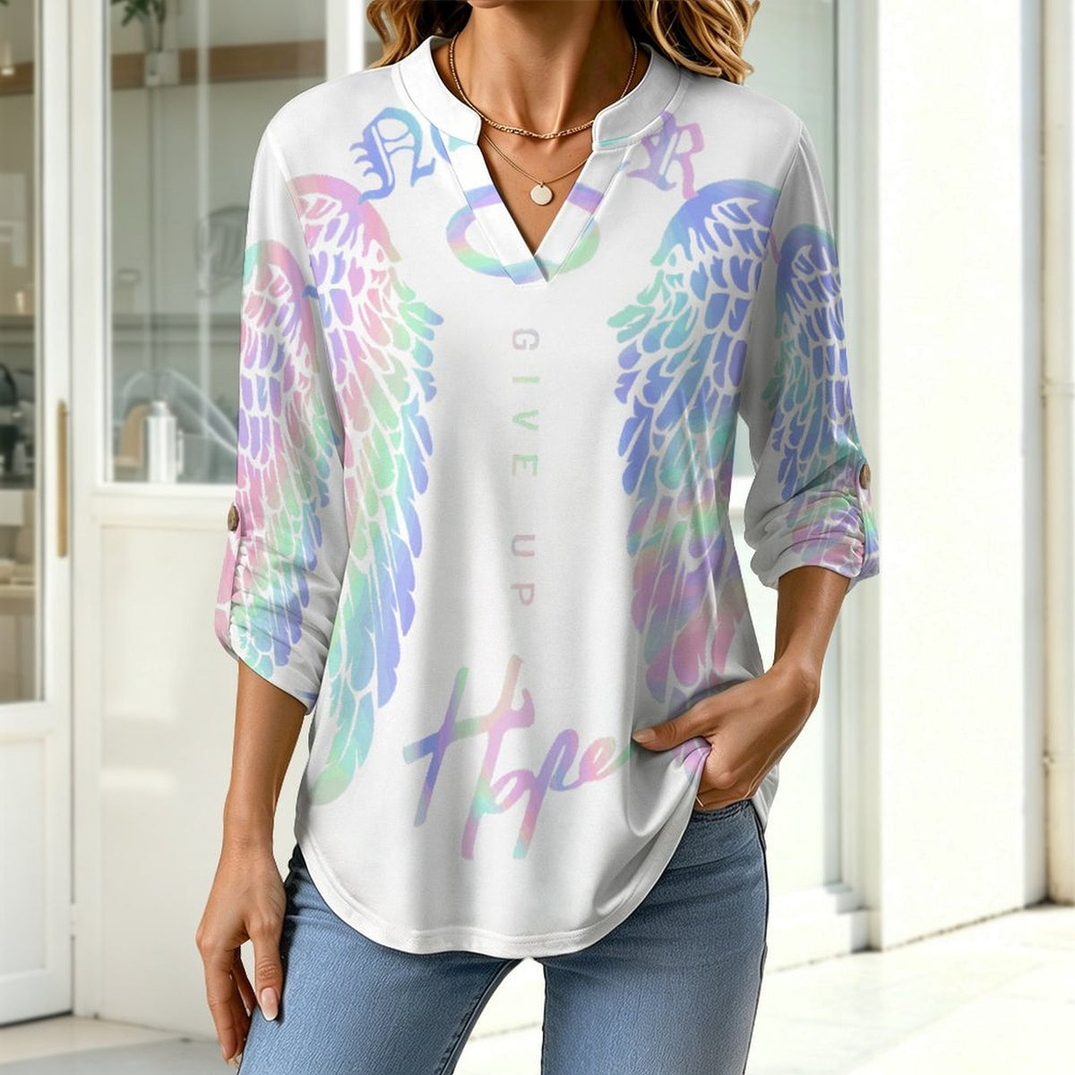 Colorful Wings, Hope  Versatile Notched V-Neck Tunic | Roll Tab 3/4 Sleeve Office Casual Top