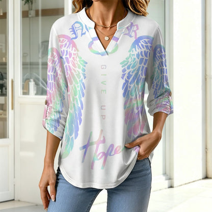 Colorful Wings, Hope  Versatile Notched V-Neck Tunic | Roll Tab 3/4 Sleeve Office Casual Top