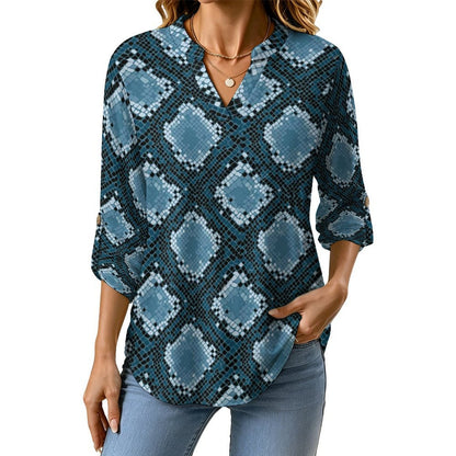 Snakeskin Pattern, Repeating Pattern  Versatile Notched V-Neck Tunic | Roll Tab 3/4 Sleeve Office Casual Top