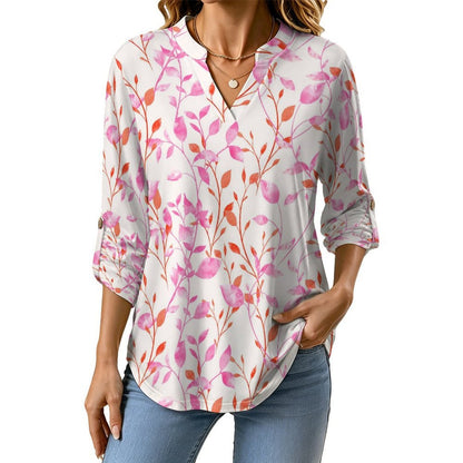 Flower  Versatile Notched V-Neck Tunic | Roll Tab 3/4 Sleeve Office Casual Top