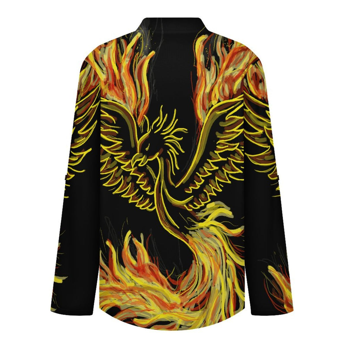 Fire, Gold, Birds  Women Curved Hem V Neck Roll Sleeve Casual Work Top