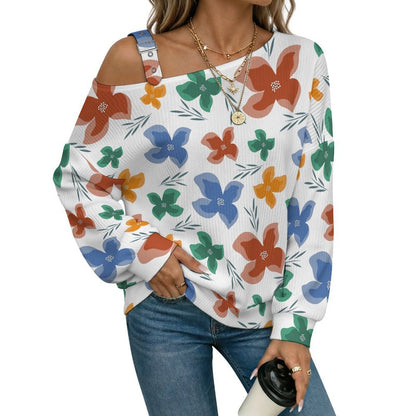 Off-the-shoulder SweaterCartoon Flower Pattern, Seamless Women’s Off-Shoulder Knit Sweater