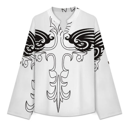 Cross, Wings  Versatile Notched V-Neck Tunic | Roll Tab 3/4 Sleeve Office Casual Top
