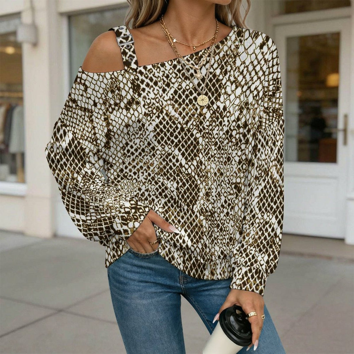 Long Sleeve Relaxed-Fit Solid Pullover Snake Skin