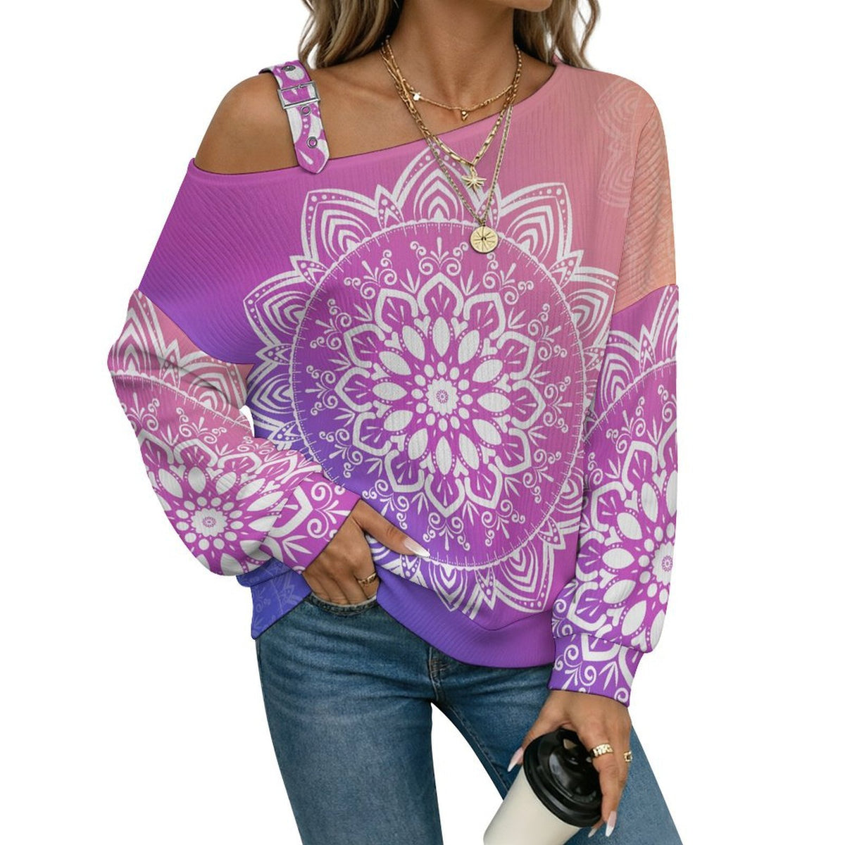 Off-the-shoulder SweaterRetro Pattern Women’s Off-Shoulder Knit Sweater