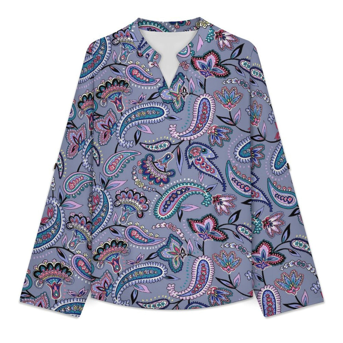 Paisley  Versatile Notched V-Neck Tunic | Roll Tab 3/4 Sleeve Office Casual Top