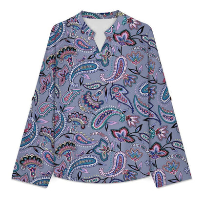 Paisley  Versatile Notched V-Neck Tunic | Roll Tab 3/4 Sleeve Office Casual Top