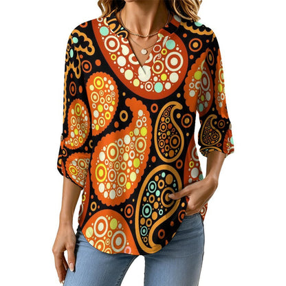 Paisley  Women Curved Hem V Neck Roll Sleeve Casual Work Top