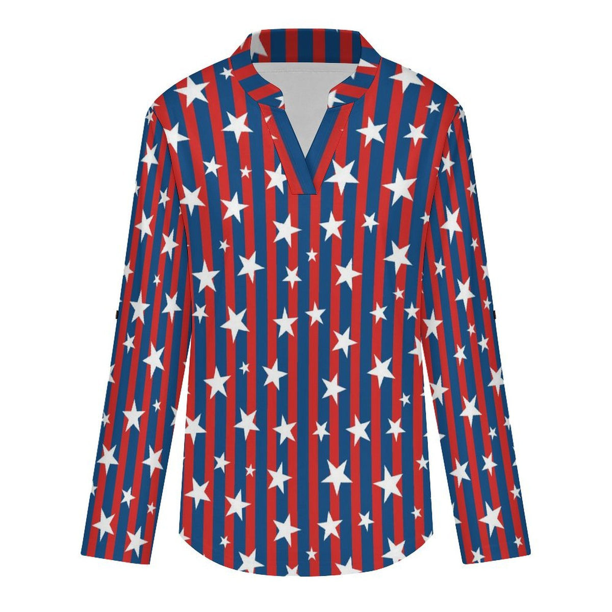 American Flag Roll Tab 3/4 Sleeve Notched V Neck Tunic Blouse