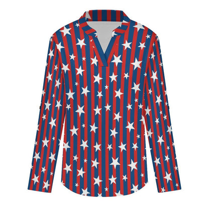 American Flag Roll Tab 3/4 Sleeve Notched V Neck Tunic Blouse