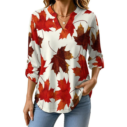 Stand-up Collar Long-sleeved Shirt Leaf Plant Pattern white SWomen’s V-Neck Blouses