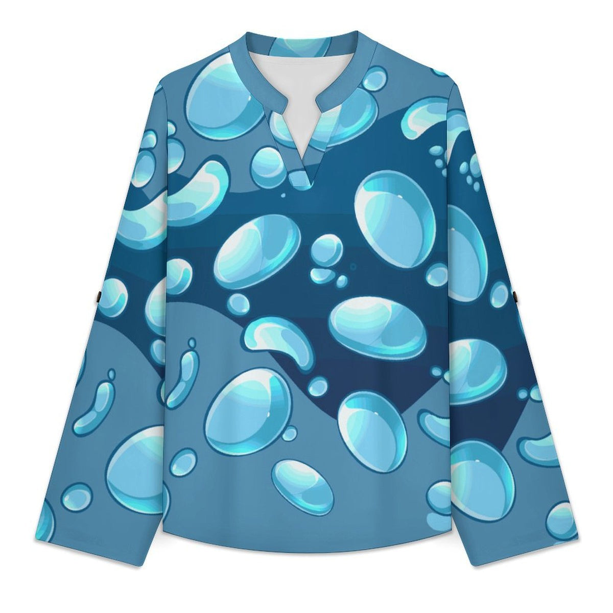 Women Curved Hem V Neck Roll Sleeve Casual Work Top  Blue Water Droplets