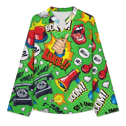 Women Curved Hem V Neck Roll Sleeve Casual Work Top  Green, Pop, Animation, Pattern