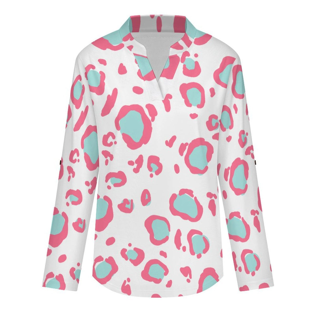 Women's Notched V Neck Tunic Tops, Roll Up 3/4 Sleeve Button Cuff Casual Blouse, Hem Loose Work Shirts  Pink Leopard Print
