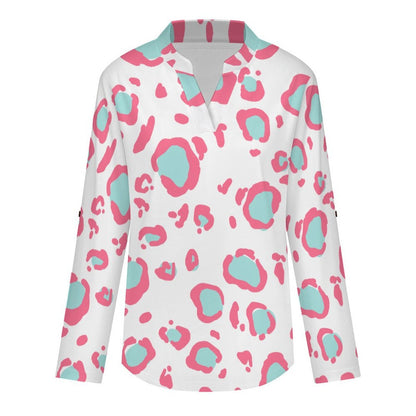 Women's Notched V Neck Tunic Tops, Roll Up 3/4 Sleeve Button Cuff Casual Blouse, Hem Loose Work Shirts  Pink Leopard Print