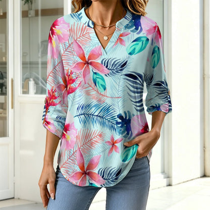 Marijuana Leaves, Flowers  Versatile Notched V-Neck Tunic | Roll Tab 3/4 Sleeve Office Casual Top