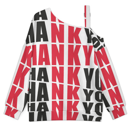 Buckle Strap Asymmetrical Off Shoulder Knit Sweater Font Thank You