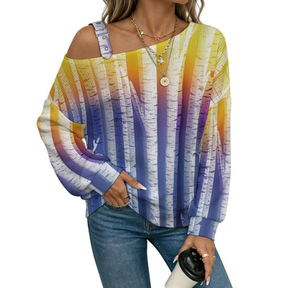 Buckle Strap Asymmetrical Off Shoulder Knit Sweater Birch Tree Background