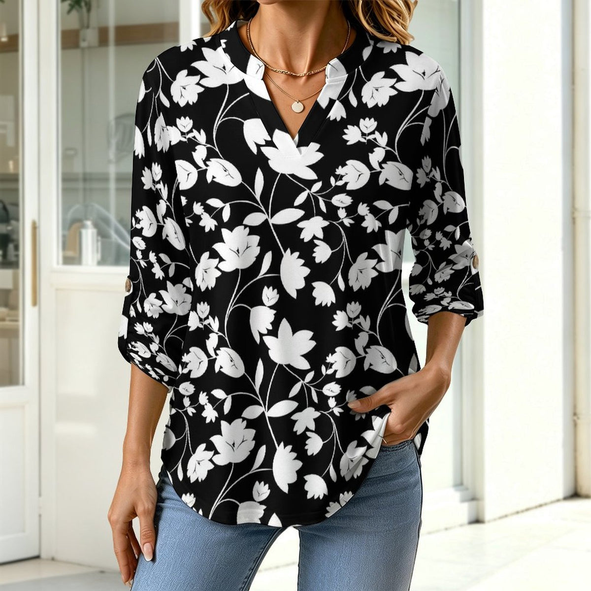 Flower  Versatile Notched V-Neck Tunic | Roll Tab 3/4 Sleeve Office Casual Top
