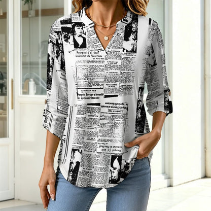 Stand-up Collar Long-sleeved Shirt Newspaper Vintage Dress white S Women’s V-Neck Blouses