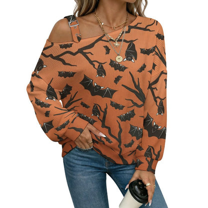 Brown, Bat, Background Fall Casual Asymmetric Shoulder Knit Top with Buckle Detail