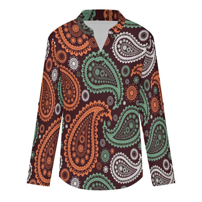 Paisley  Versatile Notched V-Neck Tunic | Roll Tab 3/4 Sleeve Office Casual Top