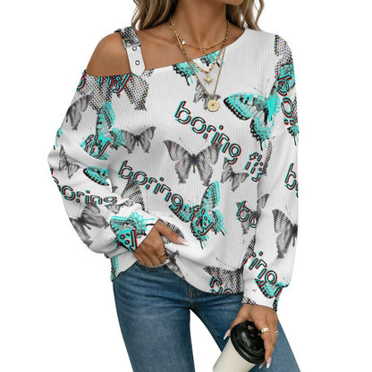 Buckle Strap Asymmetrical Off Shoulder Knit Sweater Fantasy World of Butterflies