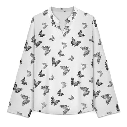 Versatile Notched V-Neck Tunic | Roll Tab 3/4 Sleeve Office Casual Top  Black And White Butterfly