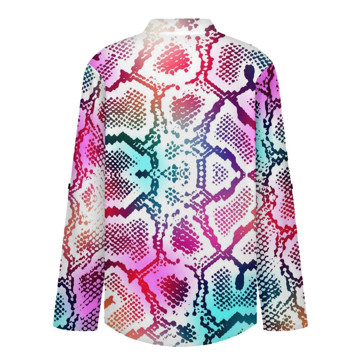 Fluorescent Snake Skin Pattern Roll Tab 3/4 Sleeve Notched V Neck Tunic Blouse