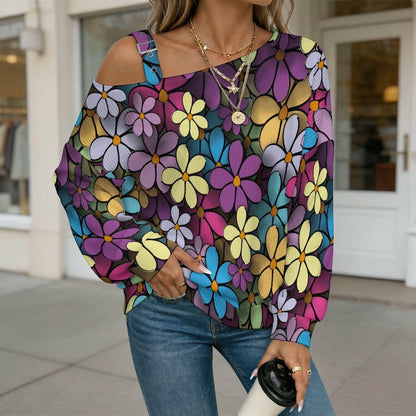 Women’s Off-Shoulder Knit Sweater Flowers Background