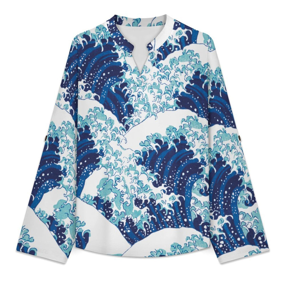 Chinese Wind, Wave  Women Curved Hem V Neck Roll Sleeve Casual Work Top