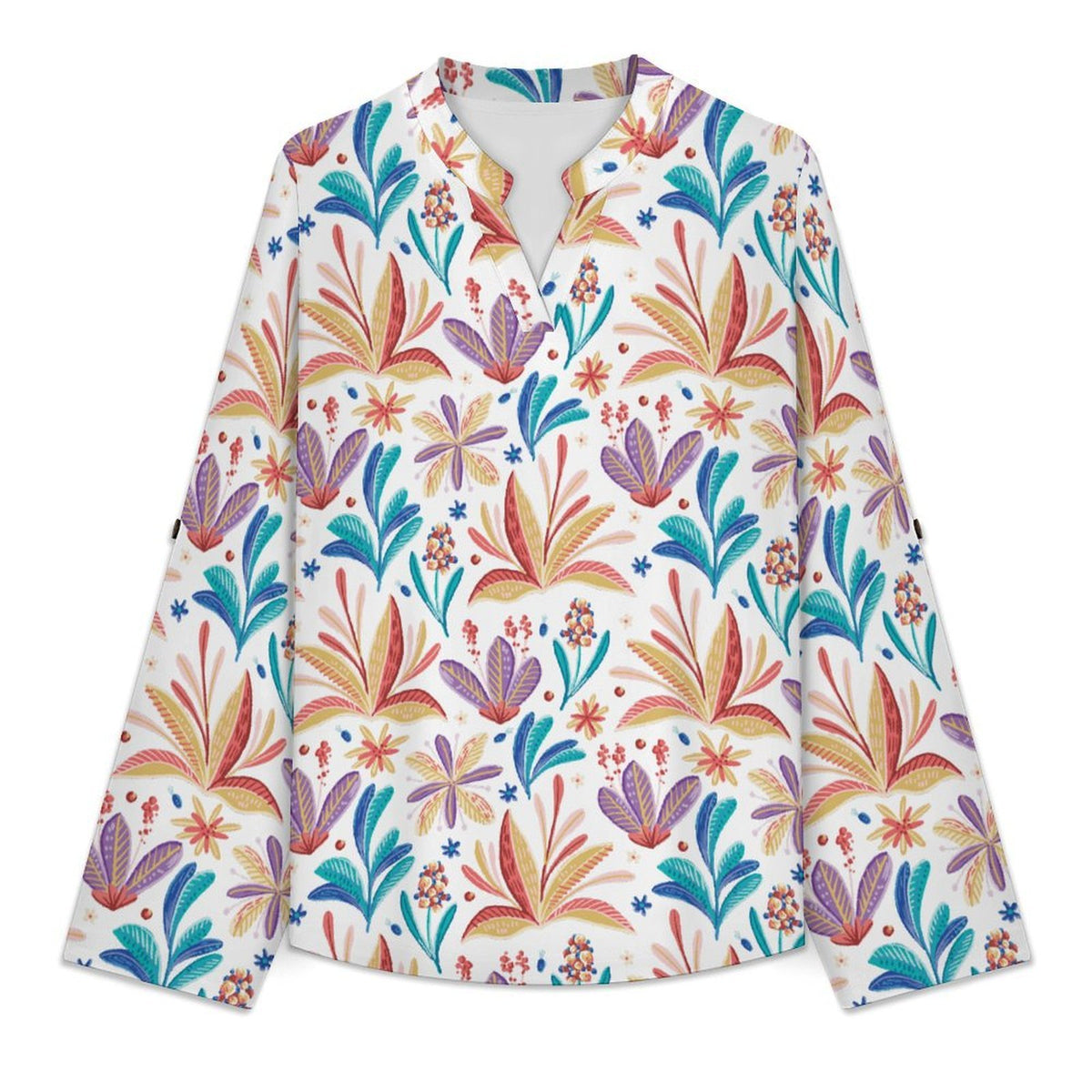 Repeat Patterned Flower Plants  Versatile Notched V-Neck Tunic | Roll Tab 3/4 Sleeve Office Casual Top