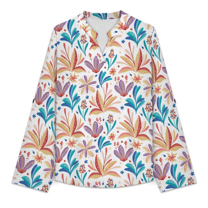Repeat Patterned Flower Plants  Versatile Notched V-Neck Tunic | Roll Tab 3/4 Sleeve Office Casual Top
