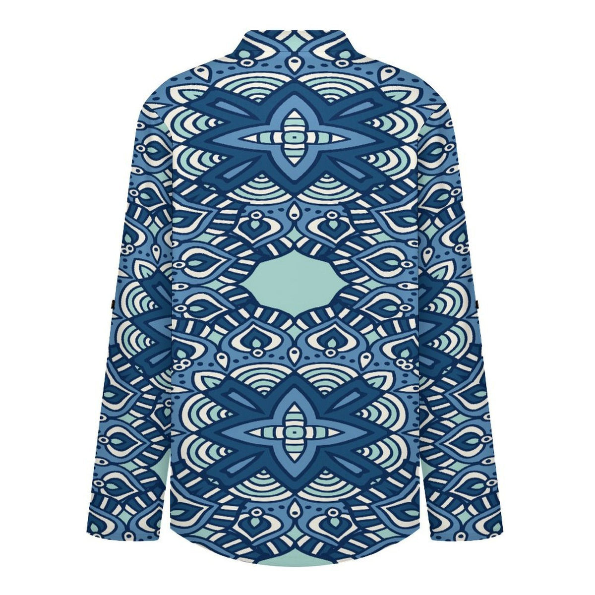 Blue Retro Pattern  Versatile Notched V-Neck Tunic | Roll Tab 3/4 Sleeve Office Casual Top